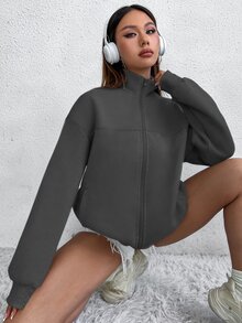 SHEIN Unity Women's Solid Color Casual Versatile Daily Wear Long Sleeve Sweatshirt - Dark Grey - View 9
