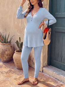 GentleRue Maternity Setelan Hamil 2 Potong Lengan Panjang Kancing Biru Musim Gugur - Baby Blue - View 3