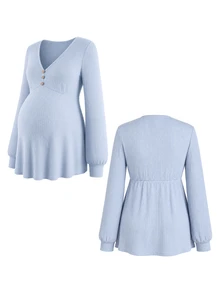 GentleRue Maternity Setelan Hamil 2 Potong Lengan Panjang Kancing Biru Musim Gugur - Baby Blue - View 7