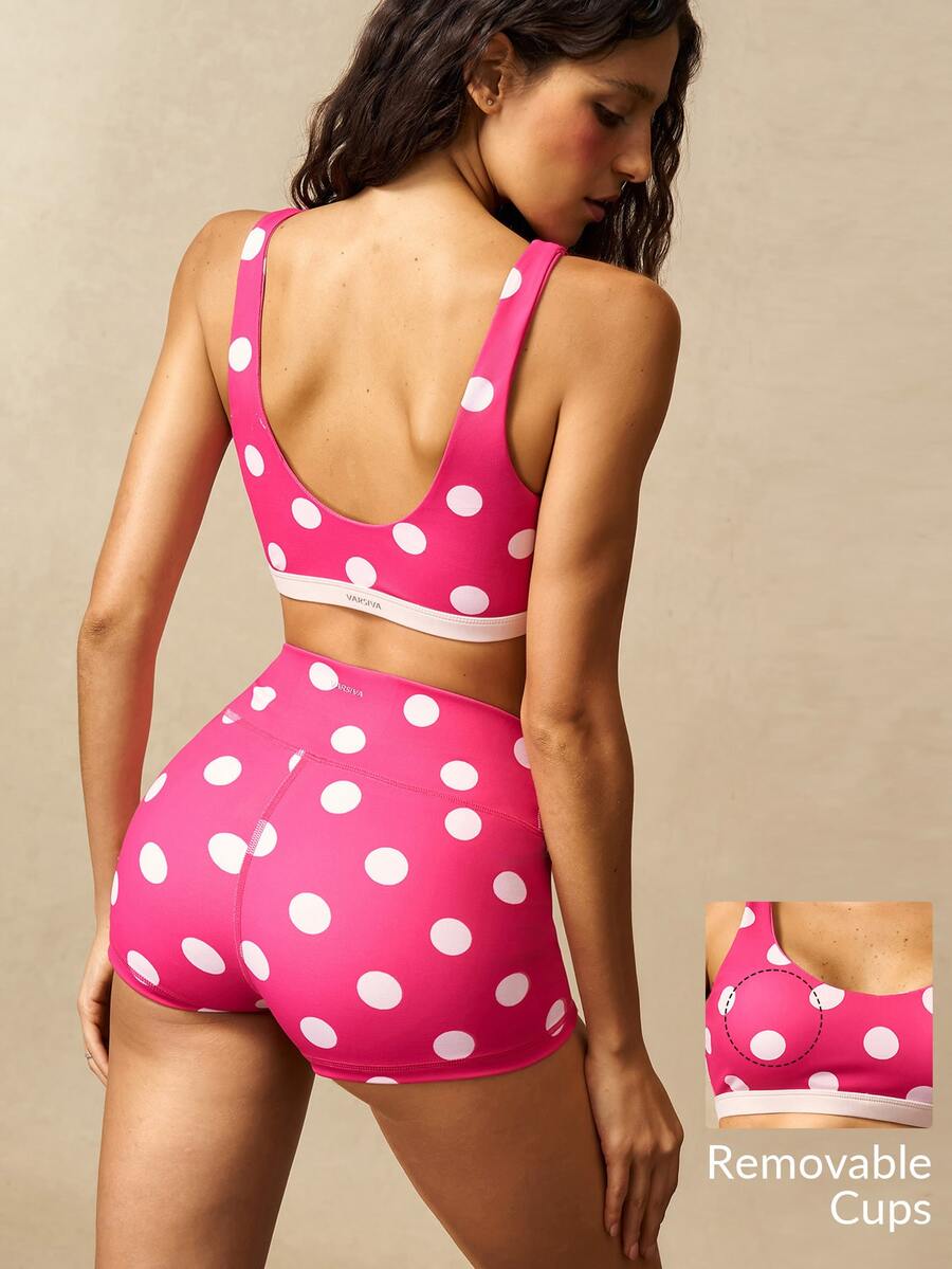 VARSIVA Women's Pink And White Polka Dot Sports Activewear 2000s Athleisure Sport Top Bra Gym Workout Autumn