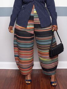 Slaydiva Plus Size Women's Pants, Color Stripe Elastic Waist Wide Leg Casual Trousers Fall - Multicolor - View 5