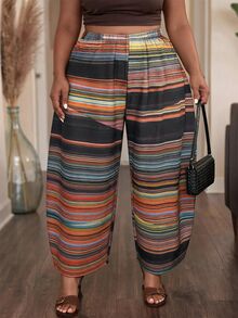 Slaydiva Plus Size Women's Pants, Color Stripe Elastic Waist Wide Leg Casual Trousers Fall - Multicolor - View 8