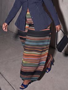 Slaydiva Plus Size Women's Pants, Color Stripe Elastic Waist Wide Leg Casual Trousers Fall - Multicolor - View 9