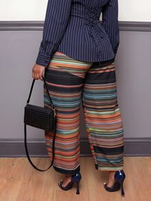 Slaydiva Plus Size Women's Pants, Color Stripe Elastic Waist Wide Leg Casual Trousers Fall - Multicolor - View 7