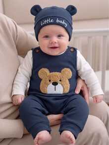 SHEIN Cute Teddy Bear Plush Embroidered Romper + Simple Jumpsuit + Hat 3 Pieces Set Autumn Winter - Navy Blue - View 7