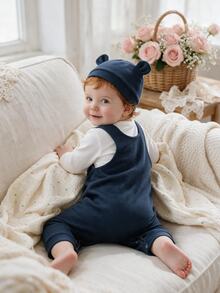 SHEIN Cute Teddy Bear Plush Embroidered Romper + Simple Jumpsuit + Hat 3 Pieces Set Autumn Winter - Navy Blue - View 2