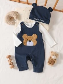 SHEIN Cute Teddy Bear Plush Embroidered Romper + Simple Jumpsuit + Hat 3 Pieces Set Autumn Winter - Navy Blue - View 9