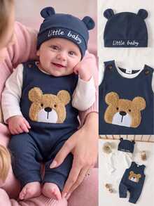 SHEIN Cute Teddy Bear Plush Embroidered Romper + Simple Jumpsuit + Hat 3 Pieces Set Autumn Winter - Navy Blue - View 6