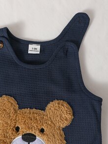 SHEIN Cute Teddy Bear Plush Embroidered Romper + Simple Jumpsuit + Hat 3 Pieces Set Autumn Winter - Navy Blue - View 5