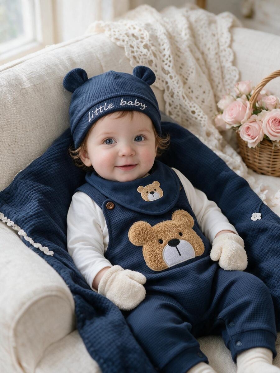 SHEIN Cute Teddy Bear Plush Embroidered Romper + Simple Jumpsuit + Hat 3 Pieces Set Autumn Winter - Navy Blue - View 1