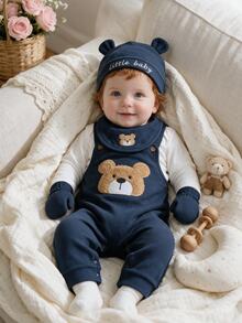 SHEIN Cute Teddy Bear Plush Embroidered Romper + Simple Jumpsuit + Hat 3 Pieces Set Autumn Winter - Navy Blue - View 4
