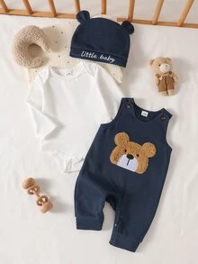 SHEIN Cute Teddy Bear Plush Embroidered Romper + Simple Jumpsuit + Hat 3 Pieces Set Autumn Winter - Navy Blue - View 10