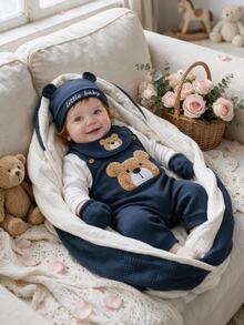 SHEIN Cute Teddy Bear Plush Embroidered Romper + Simple Jumpsuit + Hat 3 Pieces Set Autumn Winter - Navy Blue - View 3