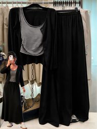 GlowEve CURVE Damski 3-częściowy zestaw plus size: bestsellerowy dzianinowy kardigan w jednolitym kolorze z guzikami z przodu, dopasowany top na ramiączkach w paski i długa spódnica z elastycznym pasem w jednolitym kolorze, casualowy, wiosenny/jesienny, elegancki, do codziennego noszenia i do pracy