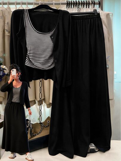 GlowEve CURVE Plus Size Women's Best-Selling Solid Color Knit Cardigan, Front Button Closure, Striped Fitted Tank Top, Solid Color Elastic Waist Long Skirt 3 Pieces Set, Casual Women's 3 Pieces Set, Spring/Autumn 3 Pieces Set, Elegant Casual Commute Daily Wear