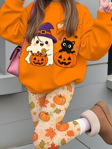 SHEIN 萬聖節青少年女孩休閒可愛南瓜蝙蝠幽靈怪獸圖案，南瓜色，圓領長袖衛衣與緊身褲2件套，適合秋冬派對造型，秋季服飾，日系可愛，節慶，BOO - 彩色 - 查看 7