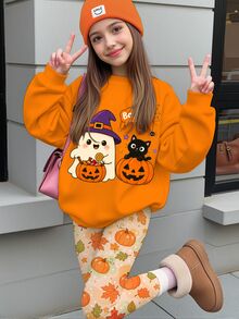 SHEIN 萬聖節青少年女孩休閒可愛南瓜蝙蝠幽靈怪獸圖案，南瓜色，圓領長袖衛衣與緊身褲2件套，適合秋冬派對造型，秋季服飾，日系可愛，節慶，BOO - 彩色 - 查看 2