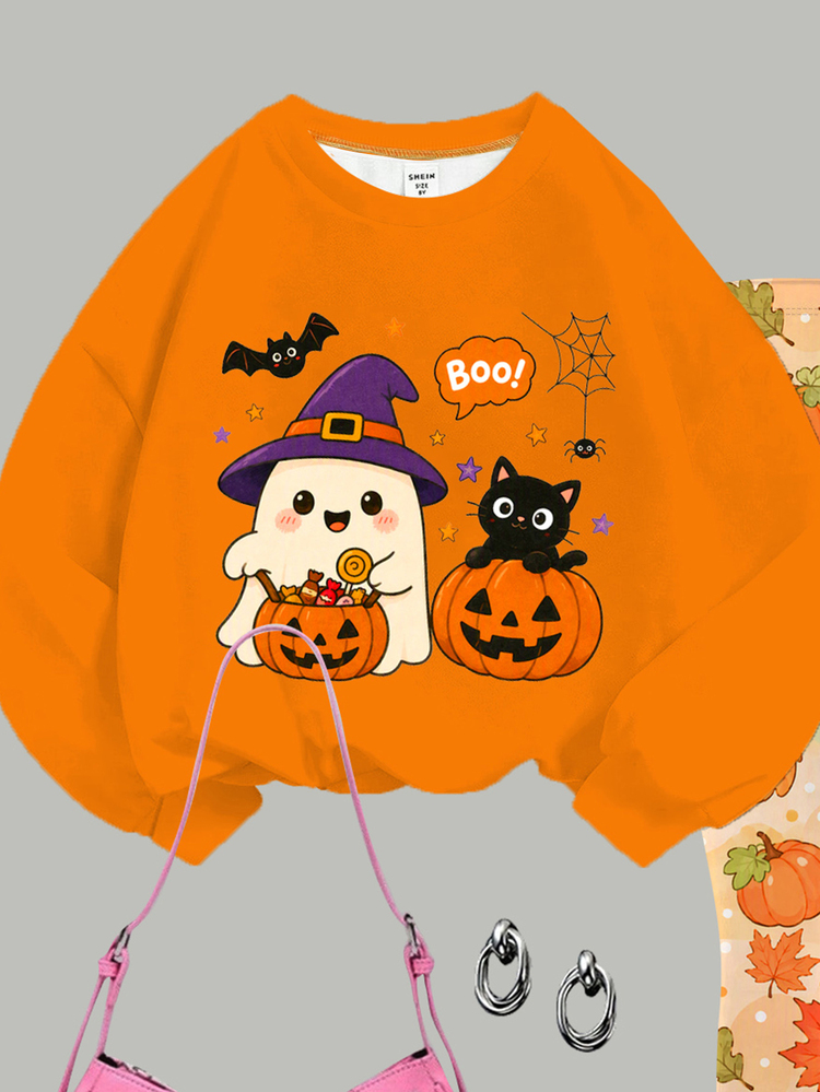 SHEIN Halloween Tween Girl Casual Cute Pumpkin Bat Ghost Monster Pattern, Pumpkin Color, Crew Neck Long Sleeve Sweatshirt & Leggings 2 Pieces Set, Suitable For Autumn/Winter Party Looks, Fall Clothes, Kawaii, Festival, BOO - Multicolor - View 5
