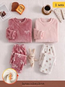 2件組女款青少年時尚新款純色小蝴蝶結Logo刺繡粉色圓領長袖套頭上衣配愛心印花長褲，雙面法蘭絨長袖居家服，秋冬毛絨面料 - 彩色 - 查看 1