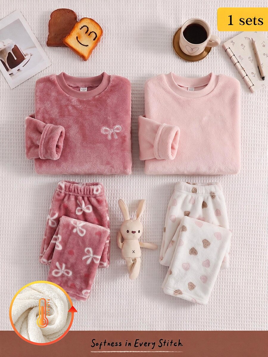 2件組女款青少年時尚新款純色小蝴蝶結Logo刺繡粉色圓領長袖套頭上衣配愛心印花長褲,雙面法蘭絨長袖居家服,秋冬毛絨面料 - 彩色 - 查看 1