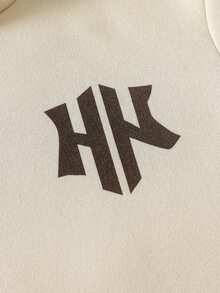 SHEIN 青少年男孩 2 件套運動休閒套裝，大學字母 Logo 對比側條紋連帽衛衣與米色慢跑長褲套裝 - 卡其色 - 查看 7
