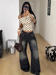 Coolane 女款波點不對稱肩休閒日常T恤 - 彩色 - 查看 4