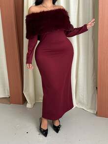 GalTyme Plus Size Women's Plush Patchwork Elegant Waist-Cinching Party Dress Fall - Burgundy - View 8