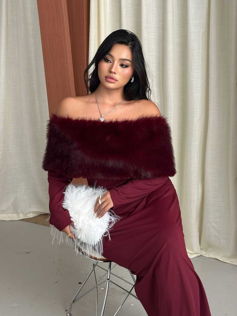 GalTyme Plus Size Women's Plush Patchwork Elegant Waist-Cinching Party Dress Fall - Burgundy - View 1