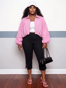 Slaydiva Women's European American Balloon Sleeve Aviator Jacket, Pink Coat Lapel, Zipper, Ruched Waist, Short Loose Fit, Plus Size Top Party Fall - Pink - View 8