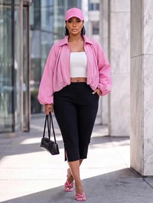 Slaydiva Women's European American Balloon Sleeve Aviator Jacket, Pink Coat Lapel, Zipper, Ruched Waist, Short Loose Fit, Plus Size Top Party Fall - Pink - View 2