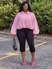 Slaydiva Women's European American Balloon Sleeve Aviator Jacket, Pink Coat Lapel, Zipper, Ruched Waist, Short Loose Fit, Plus Size Top Party Fall - Pink - View 6