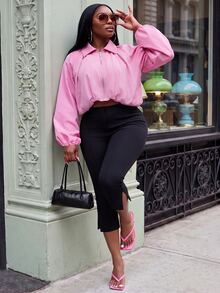 Slaydiva Women's European American Balloon Sleeve Aviator Jacket, Pink Coat Lapel, Zipper, Ruched Waist, Short Loose Fit, Plus Size Top Party Fall - Pink - View 3