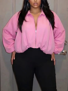 Slaydiva Women's European American Balloon Sleeve Aviator Jacket, Pink Coat Lapel, Zipper, Ruched Waist, Short Loose Fit, Plus Size Top Party Fall - Pink - View 4