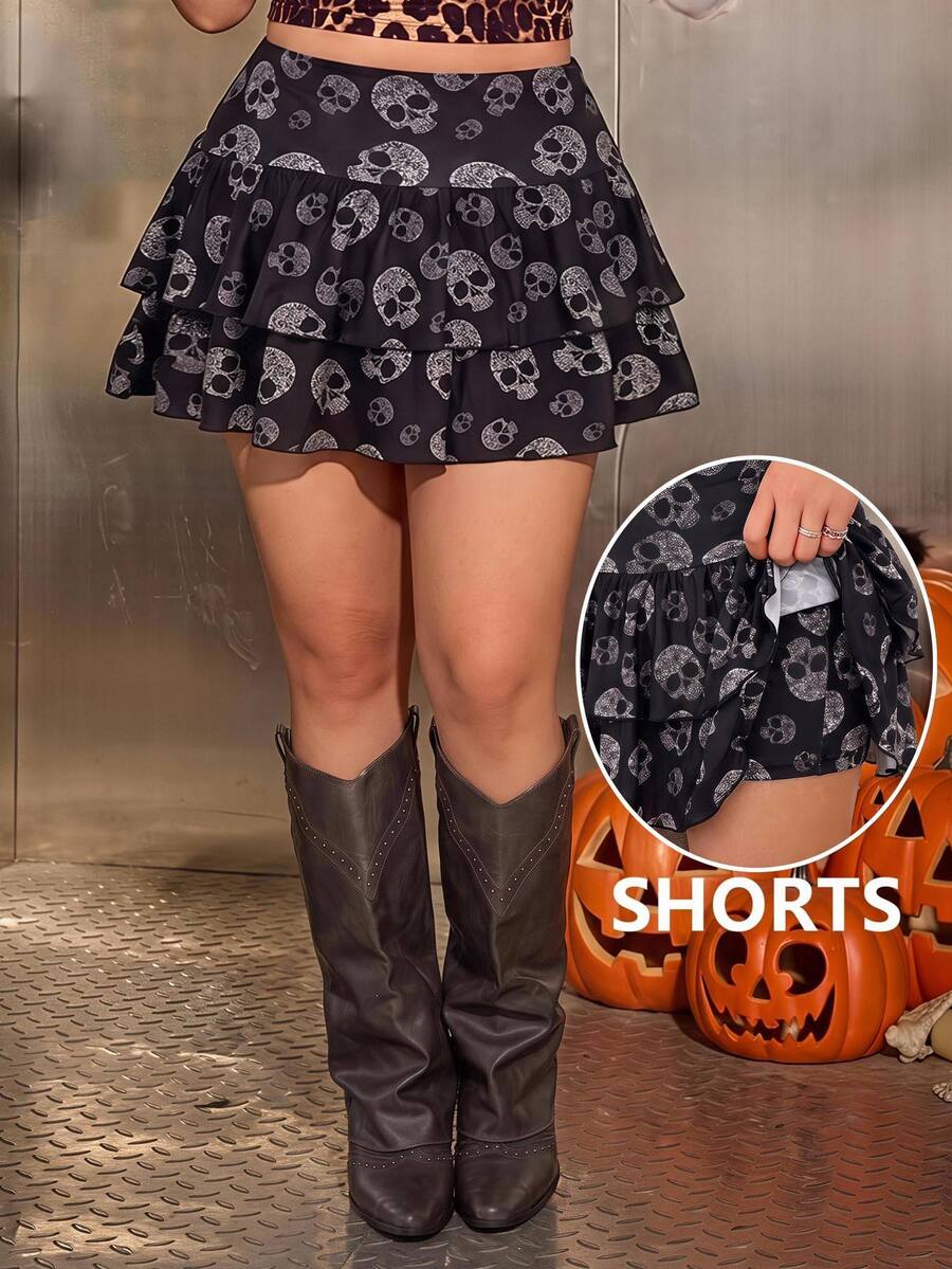 Muchica Plus Size Women's All-Over Print Casual Versatile Everyday Skort Fall - Black - View 1