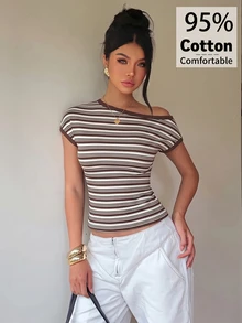 Aloruh 女款棕色條紋不對稱肩短袖修身休閒T恤，初秋款 - 棕色 - 查看 5