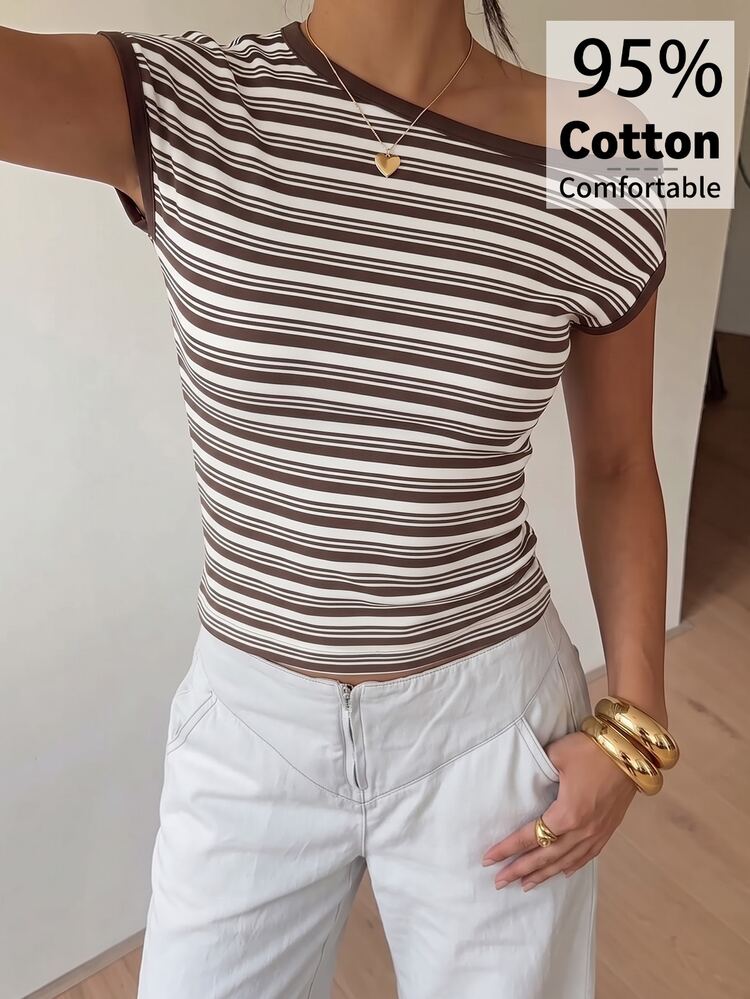 Aloruh Women's Brown Striped Asymmetrical Shoulder Short Sleeve Fitted Casual T-Shirt, Early Autumn - Brown - View 3