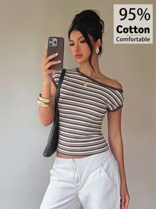 Aloruh 女款棕色條紋不對稱肩短袖修身休閒T恤，初秋款 - 棕色 - 查看 6