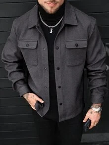 Manfinity CasualCool Men's Solid Color Long Sleeve Utility Pocket Single-Breasted Casual Overcoat - Dark Grey - View 3