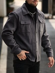 Manfinity CasualCool Men's Solid Color Long Sleeve Utility Pocket Single-Breasted Casual Overcoat - Dark Grey - View 4