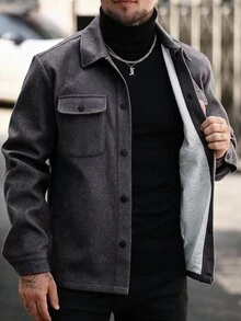 Manfinity CasualCool Men's Solid Color Long Sleeve Utility Pocket Single-Breasted Casual Overcoat - Dark Grey - View 6