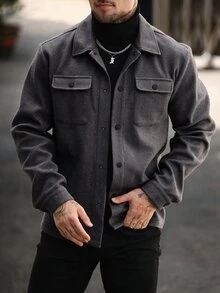 Manfinity CasualCool Men's Solid Color Long Sleeve Utility Pocket Single-Breasted Casual Overcoat - Dark Grey - View 5
