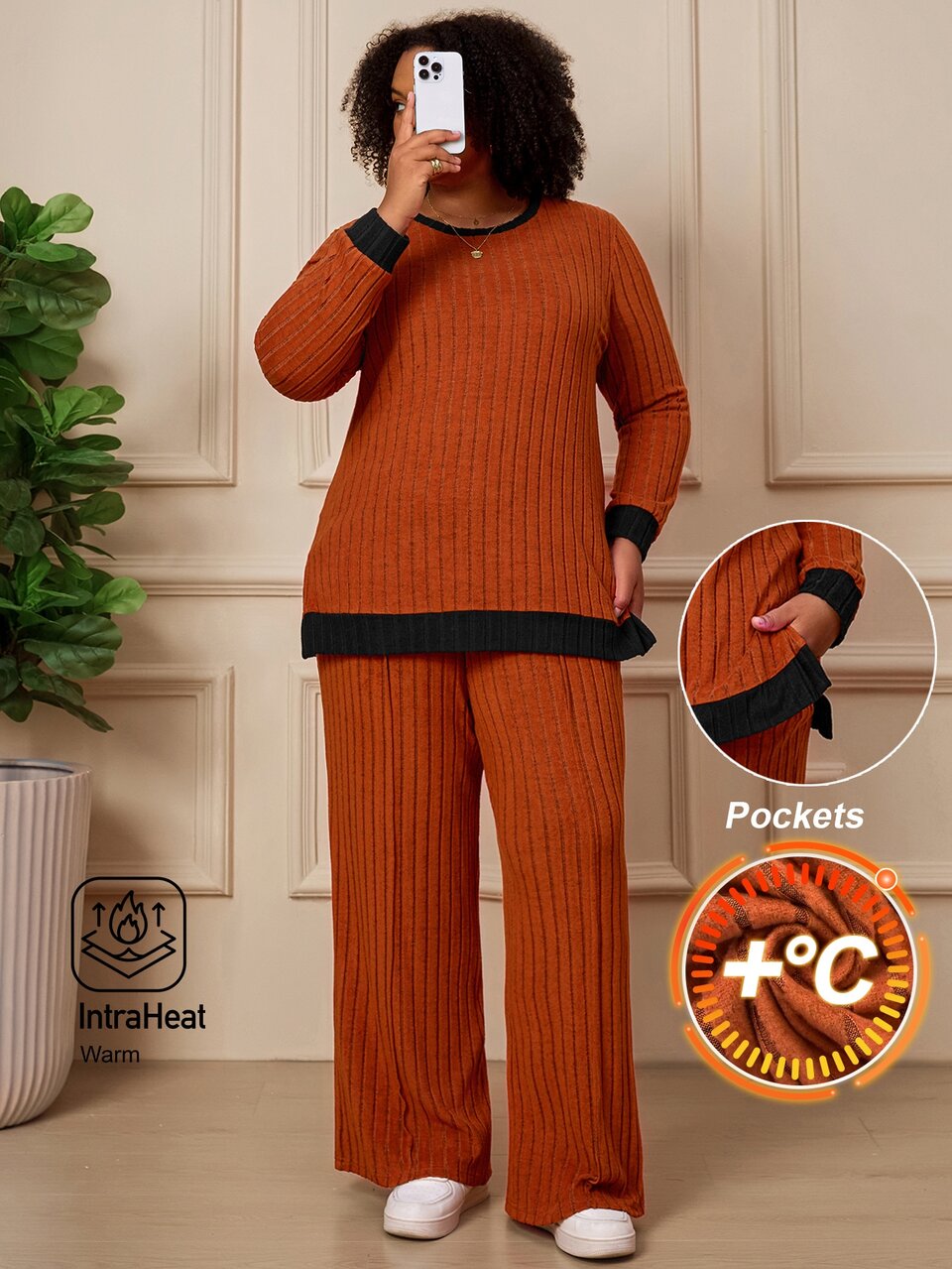 2pcs Set Plus Size Women's Autumn/Winter Casual Baggy Thanksgiving Brown Colorblock Sweatshirt Pant With Pockets Warm Formal Home Wear Holiday Fall