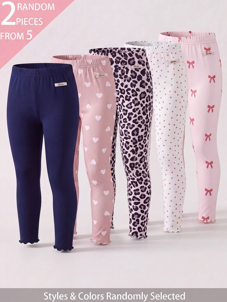 SHEIN Girls Toddler Heart Leopard Star Graphic Print Short Sleeve Long Pants Soft Knit Navy Blue Purple Brown Casual All-Season Leggings Summer - Multicolor - View 1