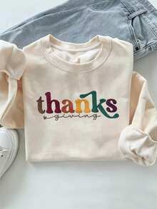 IslaSuriya Women's Letter Pattern Casual Everyday Long Sleeve Sweatshirt - Beige - View 3