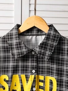 SHEIN Tween Girls Fall Tops Black And White Checkered Plaid Letter Print Short Sleeve Shirt, Autumn Casual Christening Cropped Cardigan - Black and White - View 8