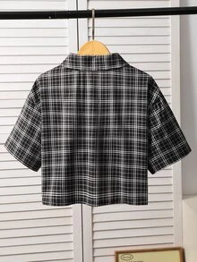 SHEIN Tween Girls Fall Tops Black And White Checkered Plaid Letter Print Short Sleeve Shirt, Autumn Casual Christening Cropped Cardigan - Black and White - View 3
