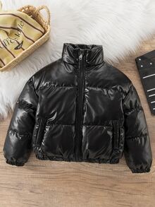 SHEIN Elladie kids 女童黑色亮面短款立領加厚內層棉襖外套，冬季保暖加厚棉襖 - 黑色 - 查看 7