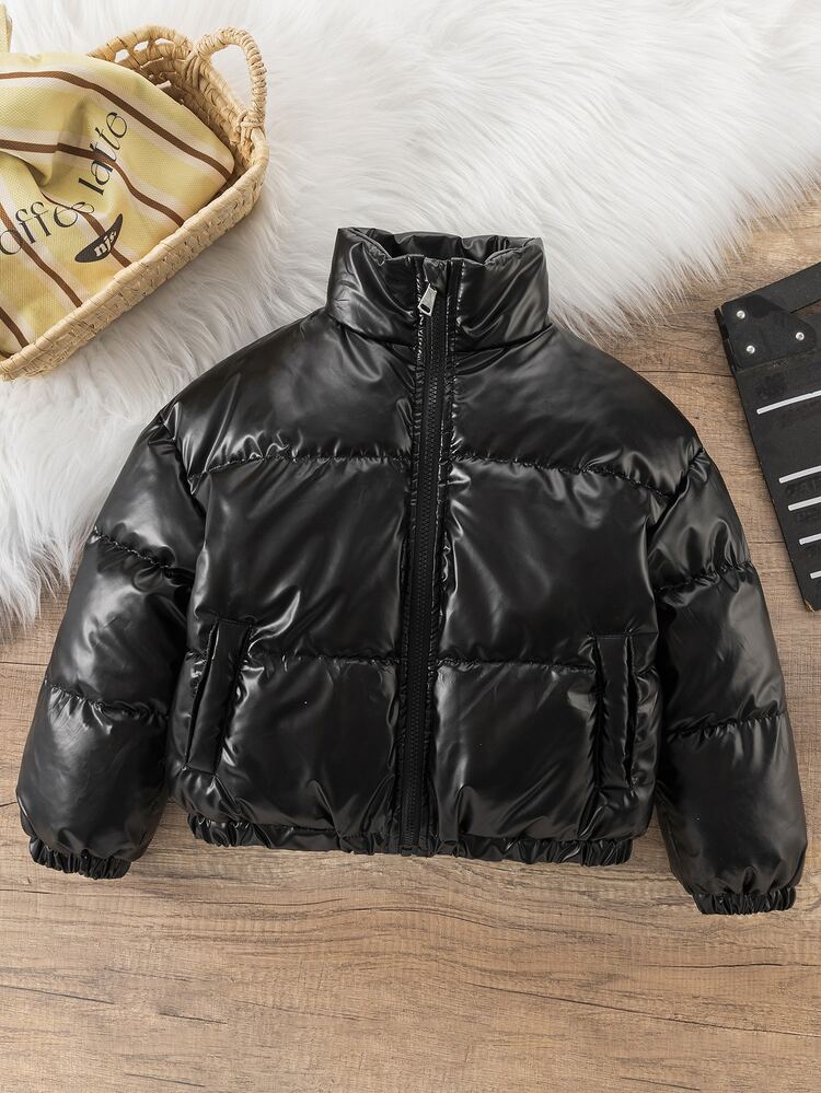 SHEIN Elladie kids Young Girls Black Shiny Padded Short Stand Collar Padded Coat, Winter Thickened Inner Layer Padded Coat - Black - View 6