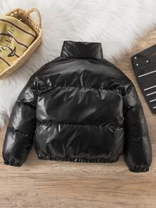 SHEIN Elladie kids 女童黑色亮面短款立領加厚內層棉襖外套，冬季保暖加厚棉襖 - 黑色 - 查看 3
