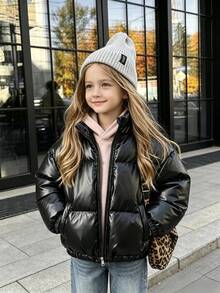 SHEIN Elladie kids 女童黑色亮面短款立領加厚內層棉襖外套，冬季保暖加厚棉襖 - 黑色 - 查看 5